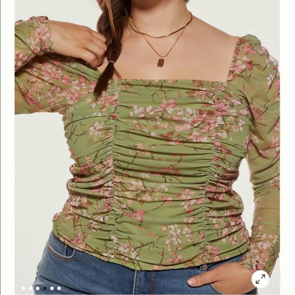 Anthropologie Floral Ruched Smocked Sheer Sleeve Green and Pink Mesh Blouse